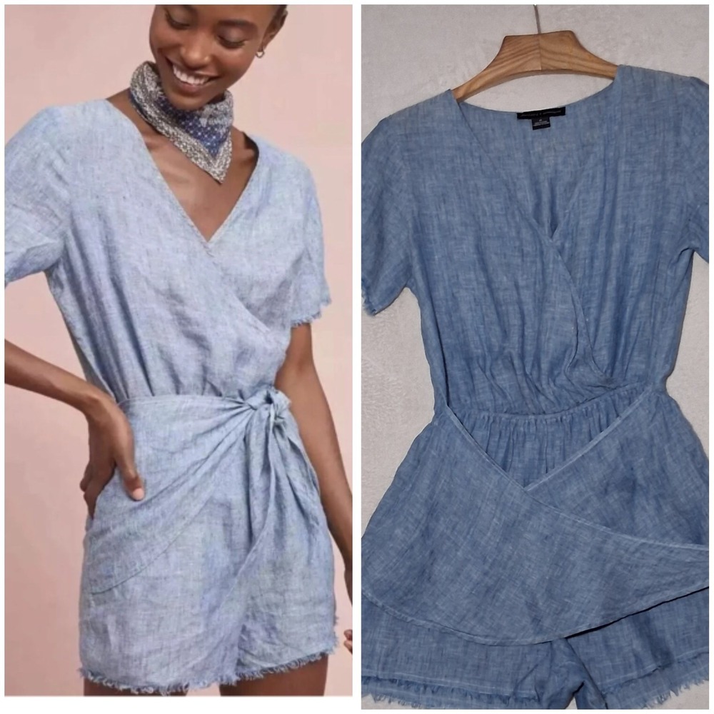 ANTHROPOLOGIE X Sanctuary Linen Montana Tie Front Romper Cottagecore Blue Medium